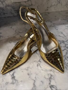 Vince Camuto Metallic Gold Croc-Embossed Pointed Slingbacks